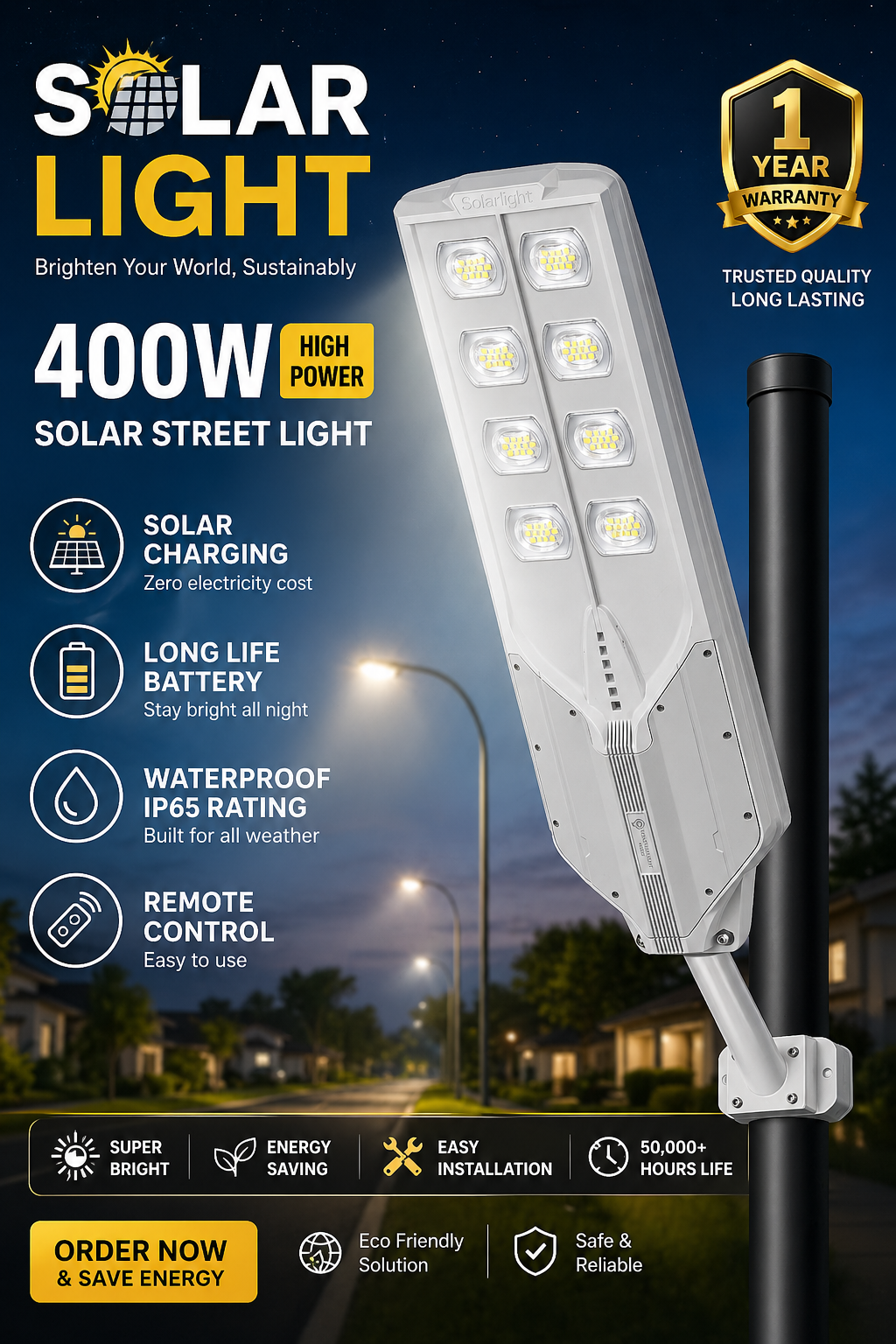 400W Solar Street Light | 12 Hours Battery Backup | Remote control | 1 Year Warranty
