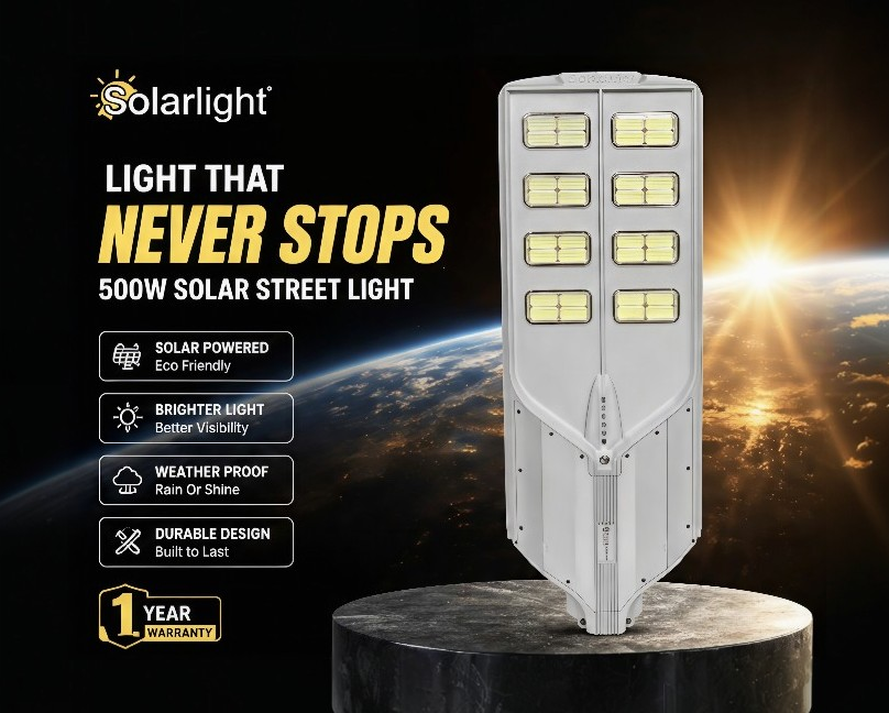 High Efficient ZL-500W Solar Street Light | 16 hours Battery Backup | Heavy Duty Light