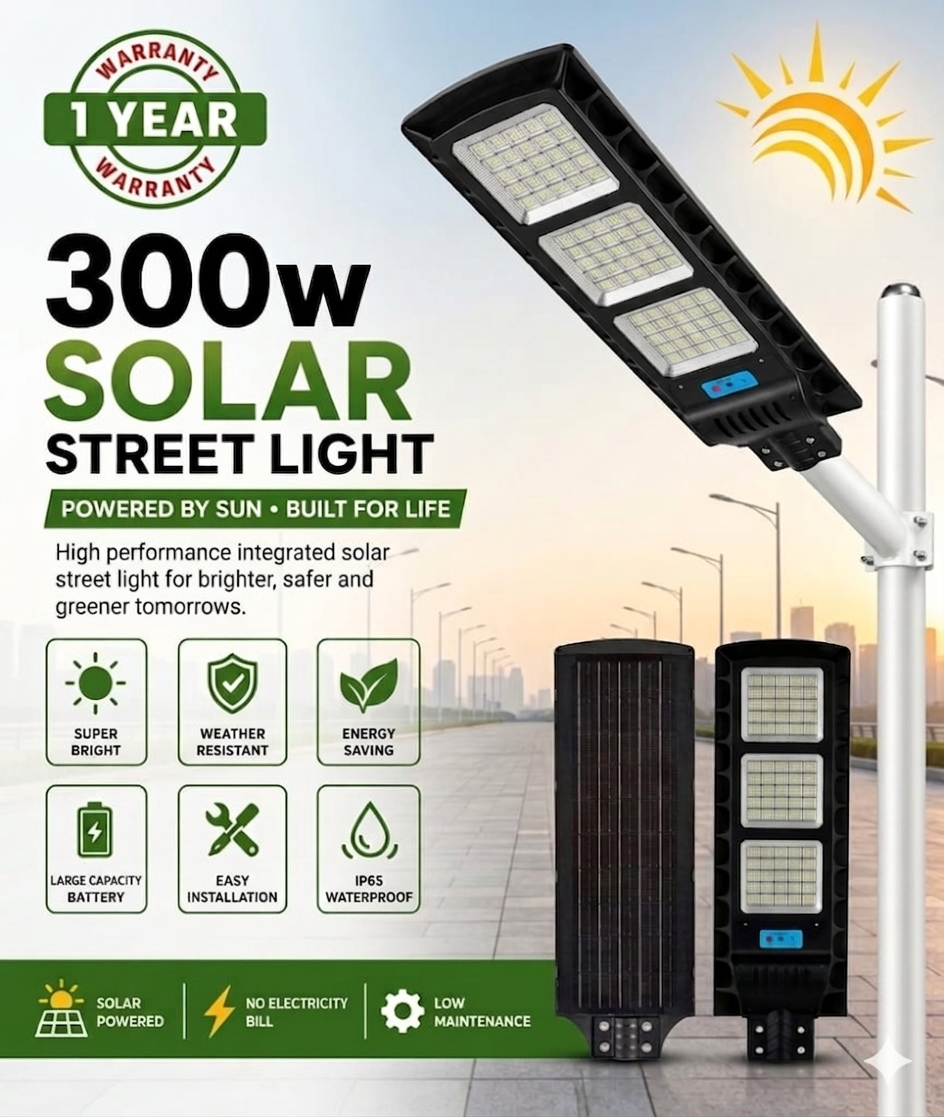 300W Solar LED Street Light 12 hours battery Backup 1 Year Warranty)