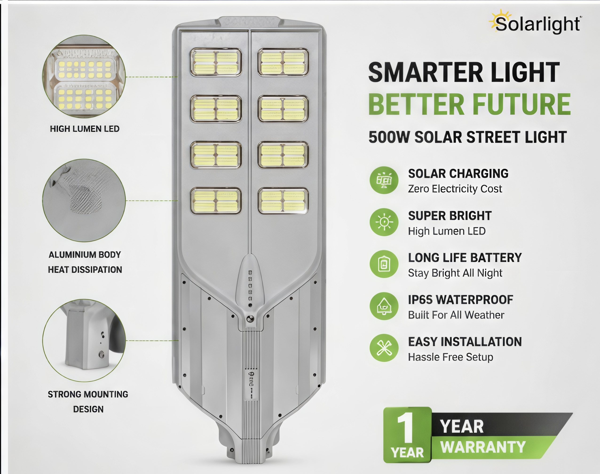 High Efficient ZL-500W Solar Street Light | 16 hours Battery Backup | Heavy Duty Light