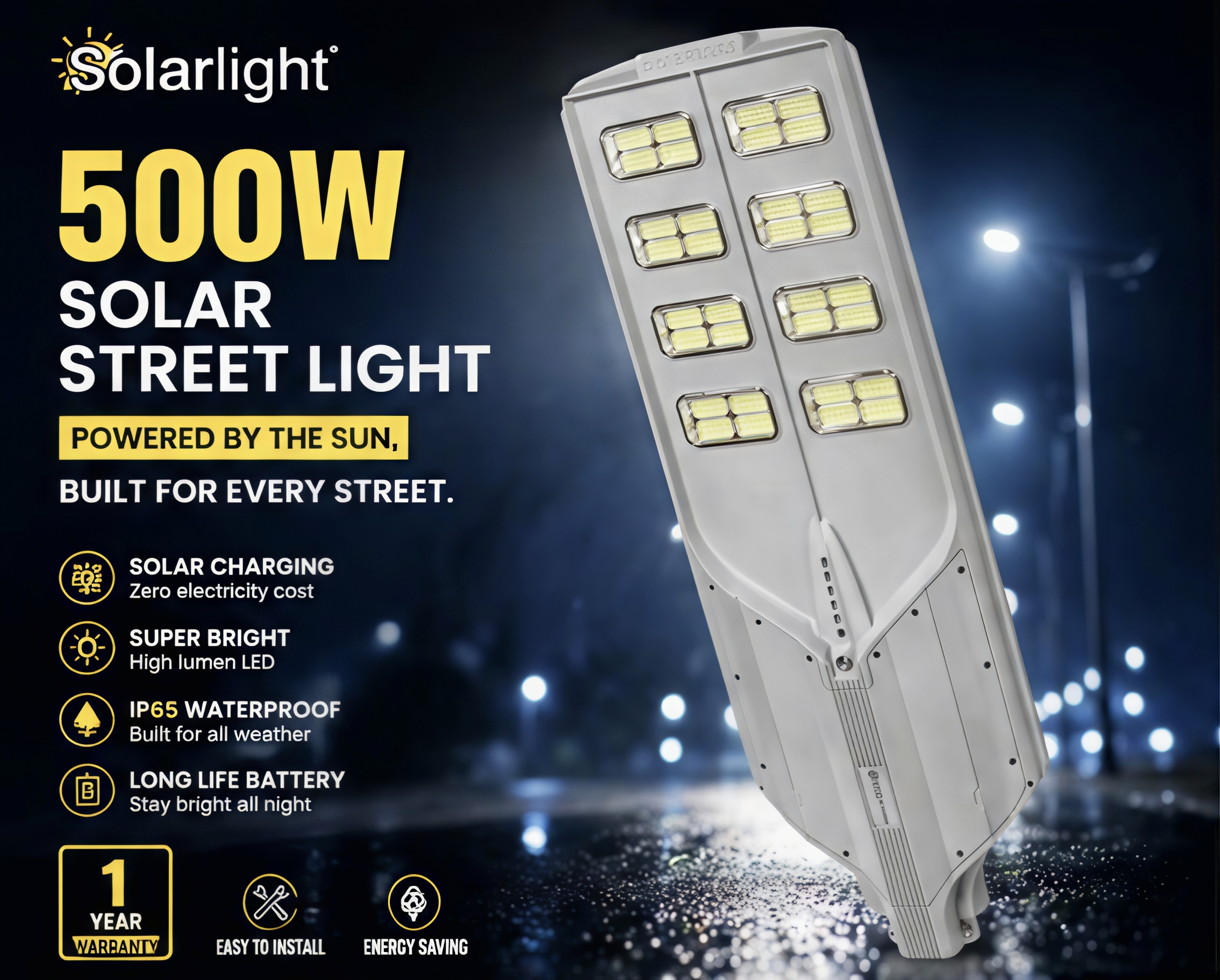 High Efficient ZL-500W Solar Street Light | 16 hours Battery Backup | Heavy Duty Light