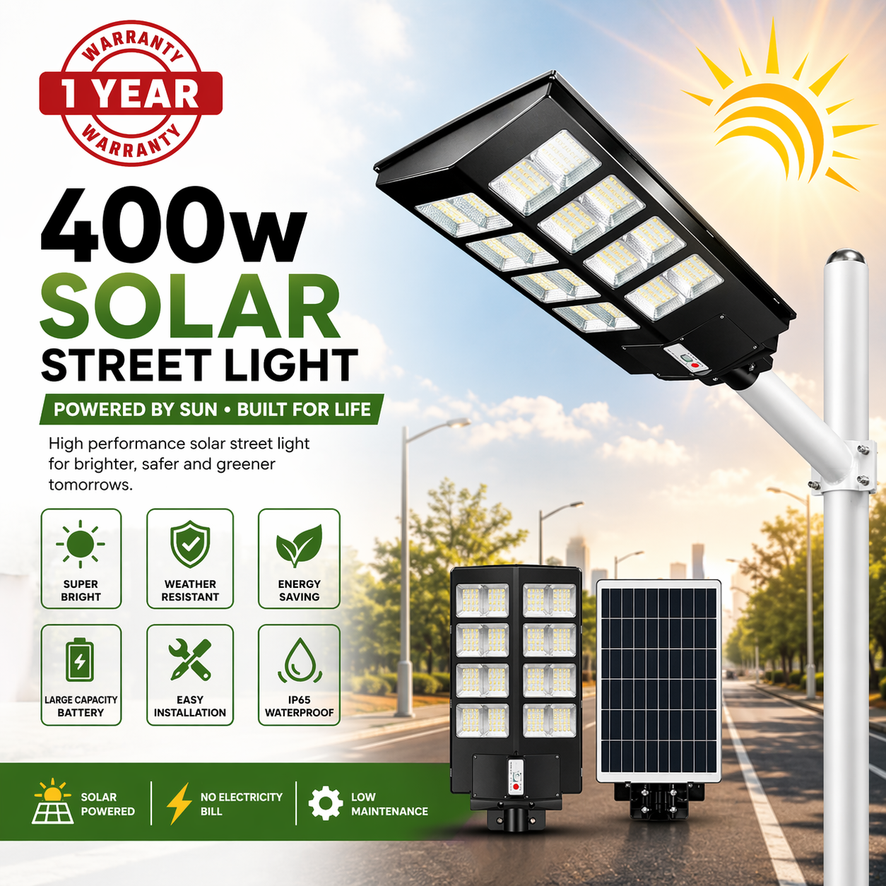 400W Solar Street Light | Remote control | 8-12 Hours Battery Backup | Complete Fitting Accessories
